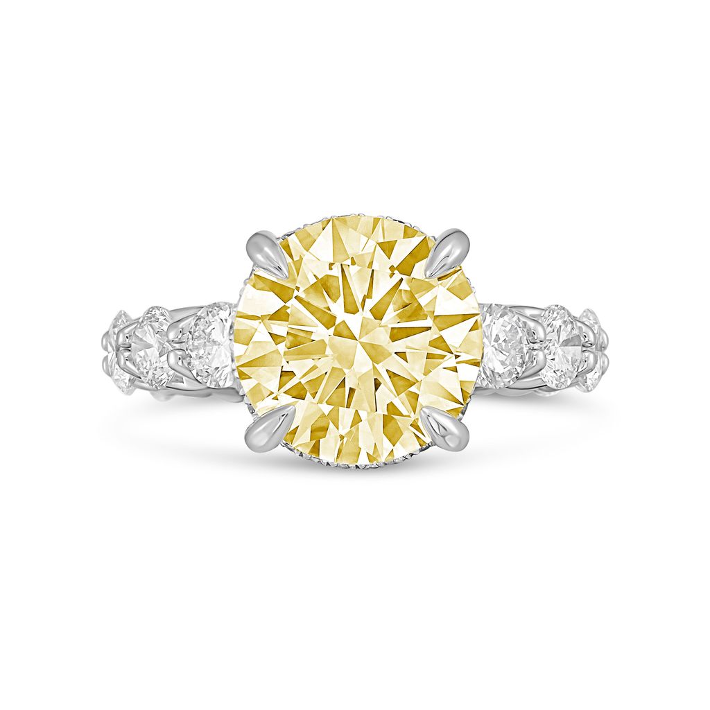 Lab-Grown Yellow Round Diamond Hidden Halo Ring with Pavé Band, 14K Gold