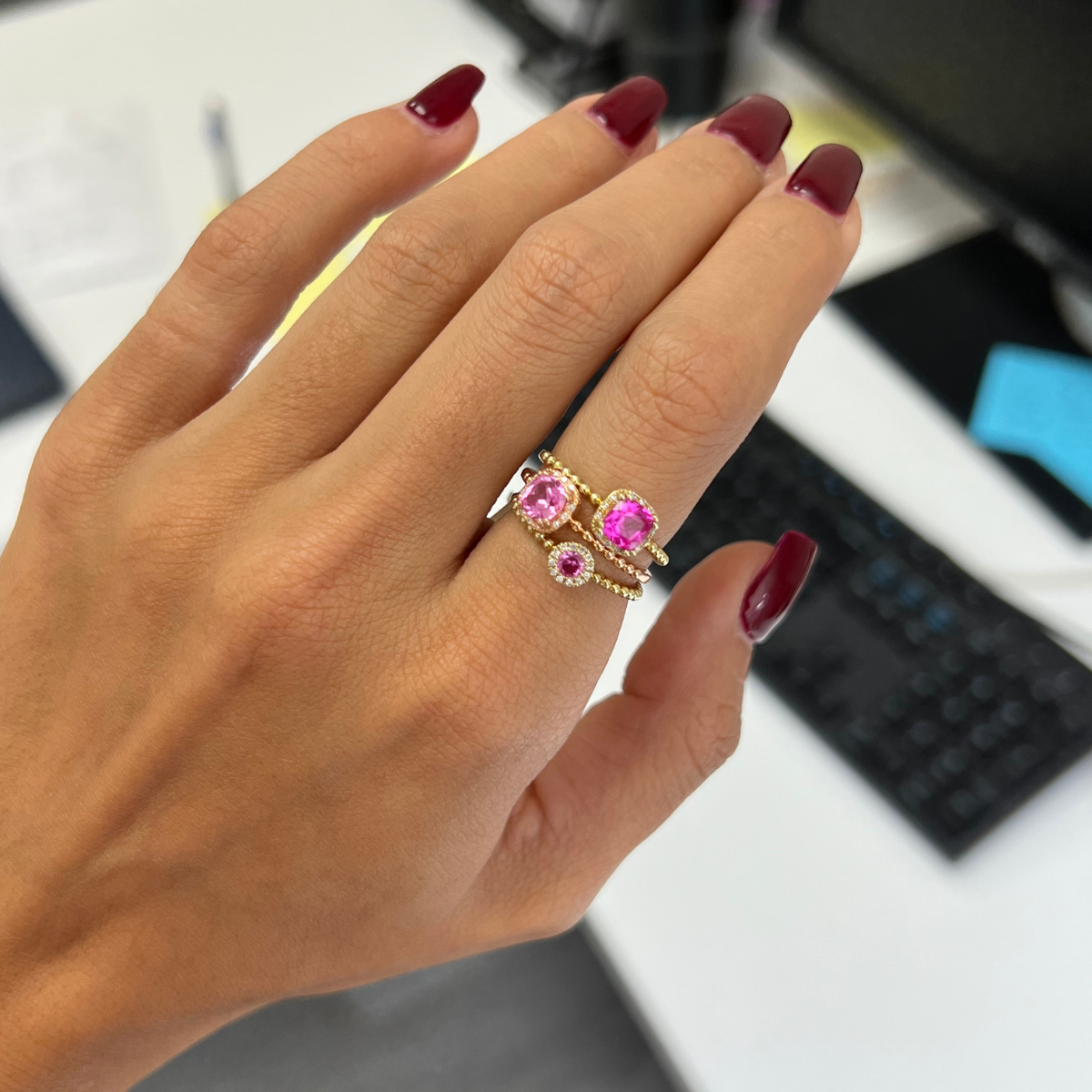 Pink Corundum Cushion Ring