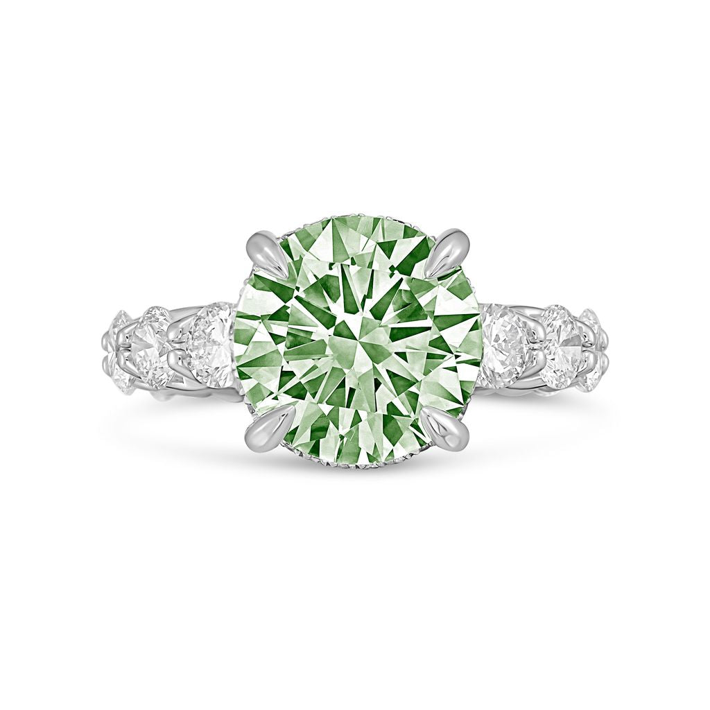 Lab-Grown Green Round Diamond Hidden Halo Ring with Pavé Band, 14K Gold