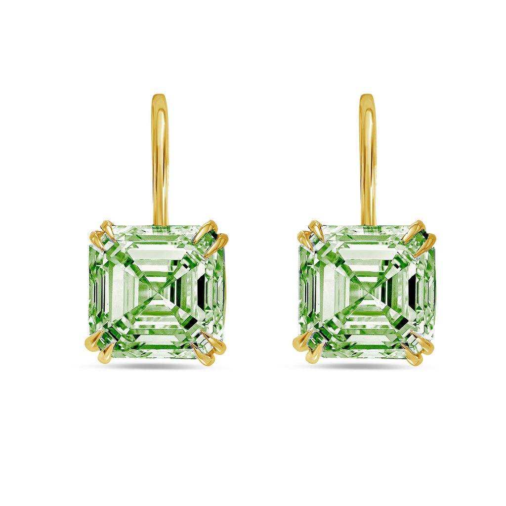 Lab-Grown Asscher Cut Green Diamond Drop Earrings, 14K Gold