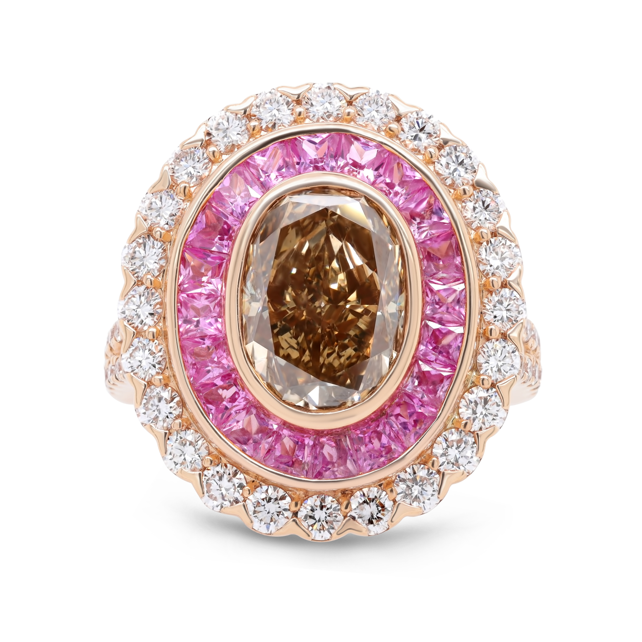 Oval Brown, Pink and White Diamond Split Shank Ring