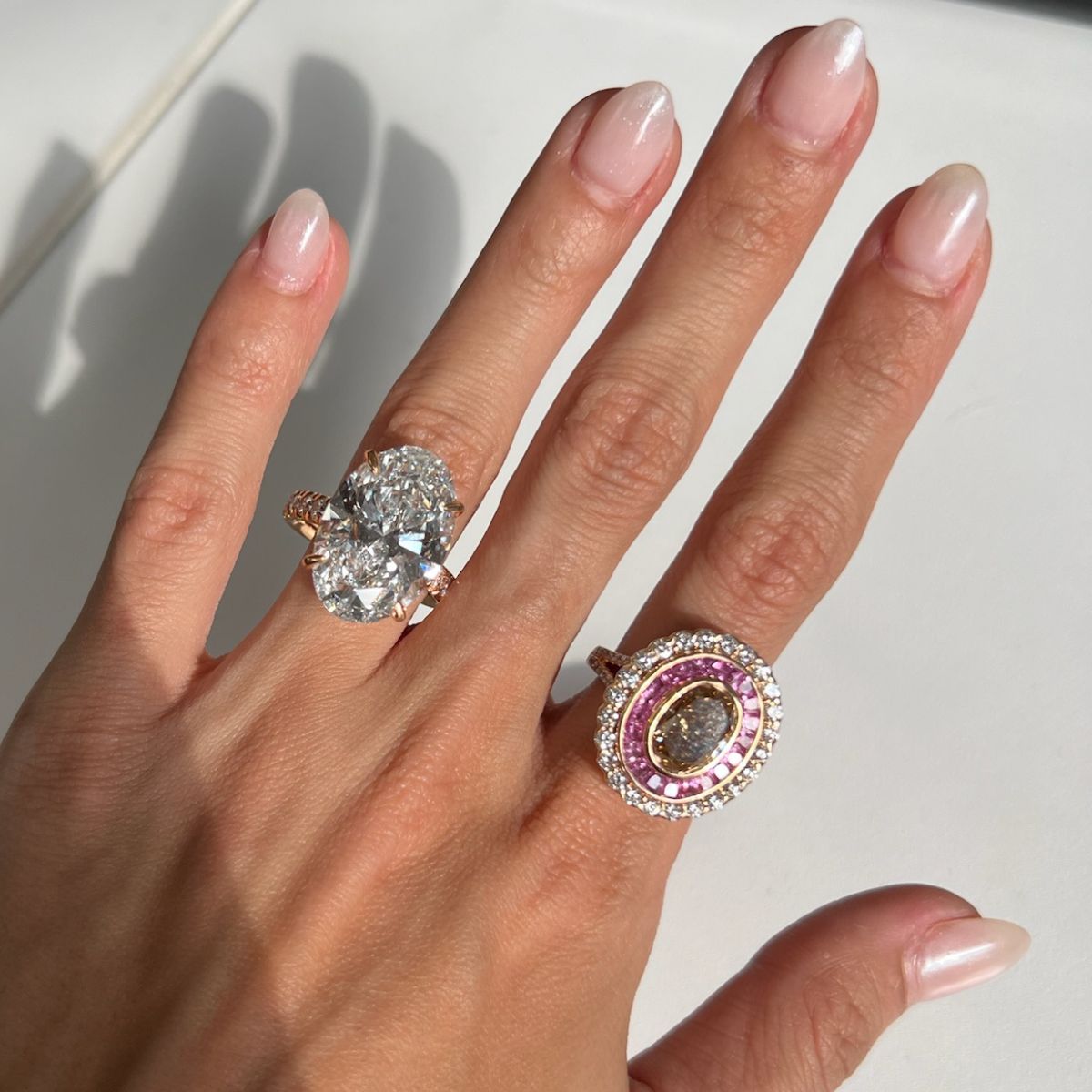 Oval brown pink white diamond ring in rose gold