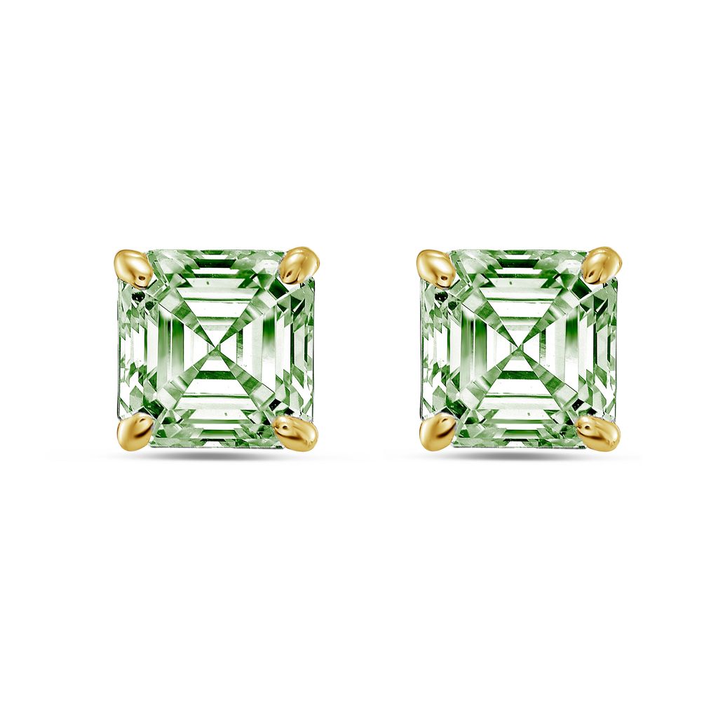 Lab-Grown Green Asscher Diamond Stud Earrings, 4-Prong, 14K Gold