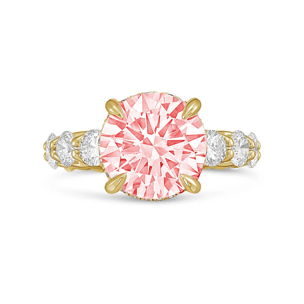 Lab-Grown Pink Round Diamond Hidden Halo Ring with Pavé Band, 14K Gold
