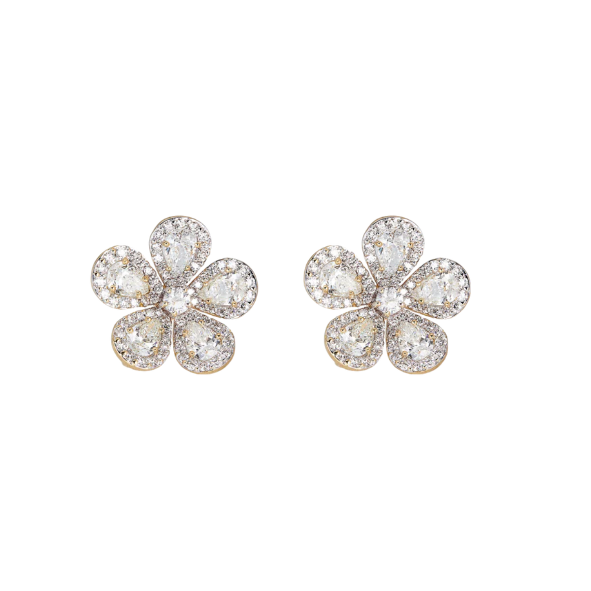 A pair of 18kt yellow gold diamond flower stud earrings with pear and round orange sapphires and round diamonds.