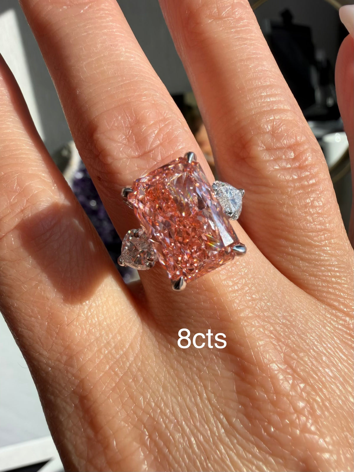 Lab-Grown Pink Radiant Diamond Ring with Heart Sides, 18k Gold