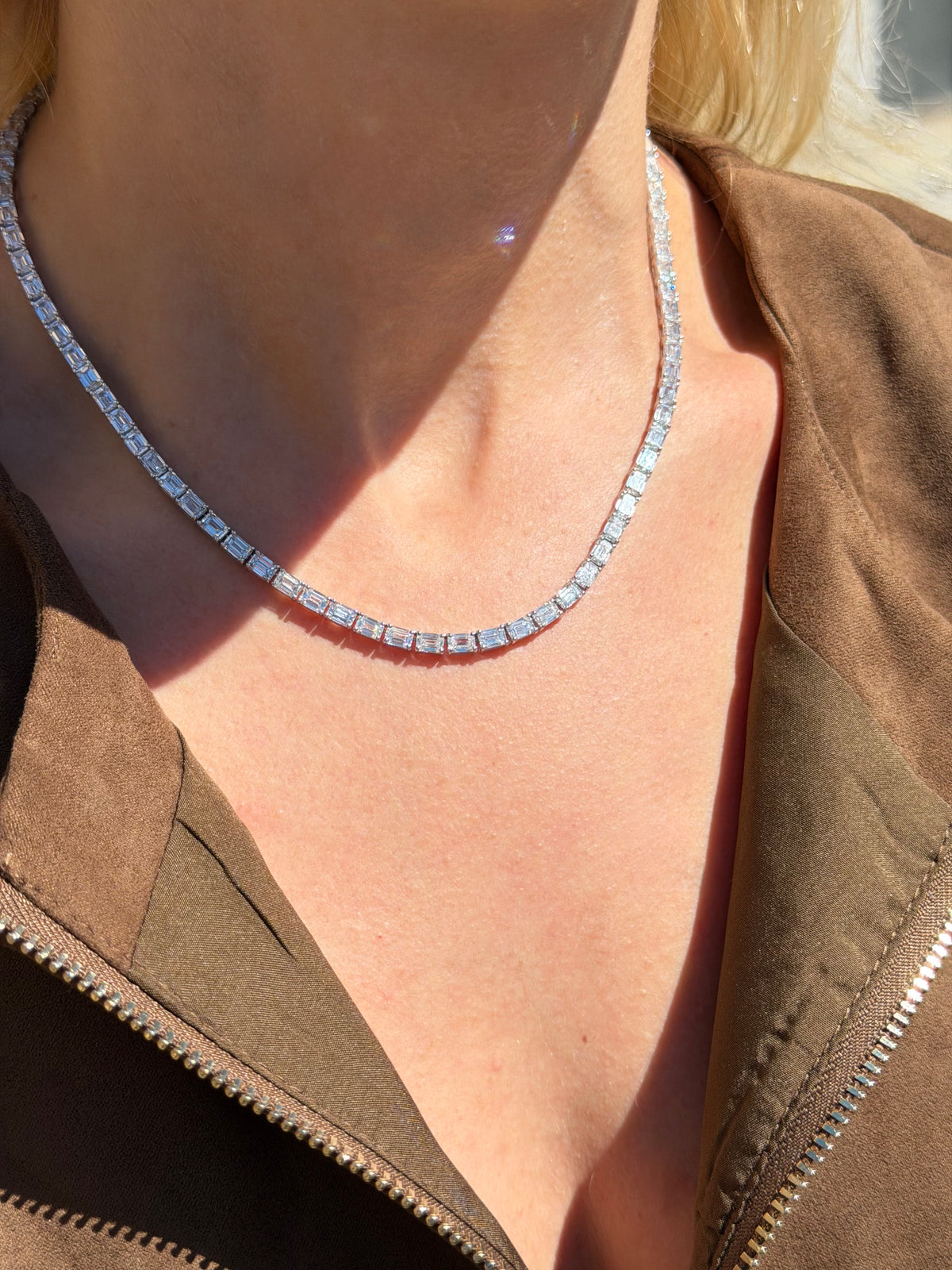 Lab Grown Emerald Cut East West Tennis Necklace