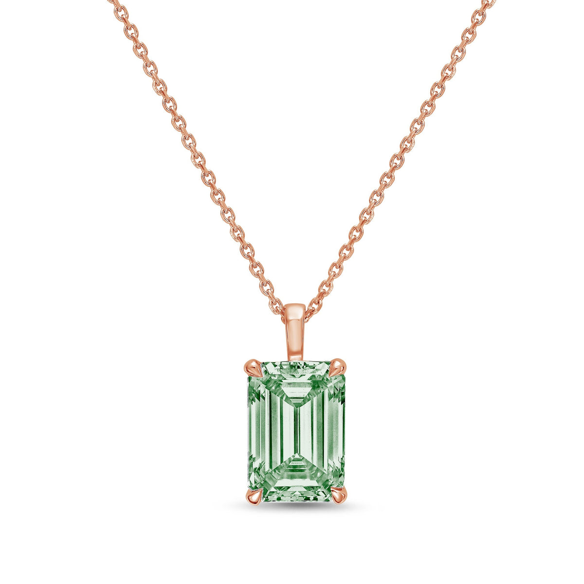 Lab-Grown Green North-South Emerald Diamond Solitaire Pendant Necklace with Bail, 14K Gold