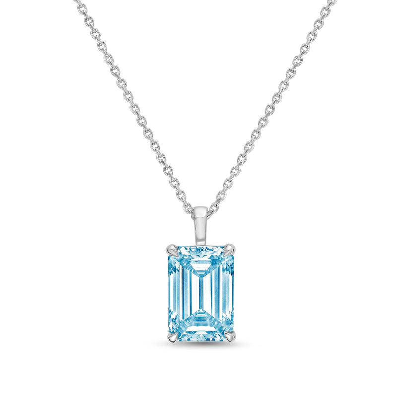 Lab-Grown Blue North-South Emerald Diamond Solitaire Pendant Necklace with Bail, 14K Gold