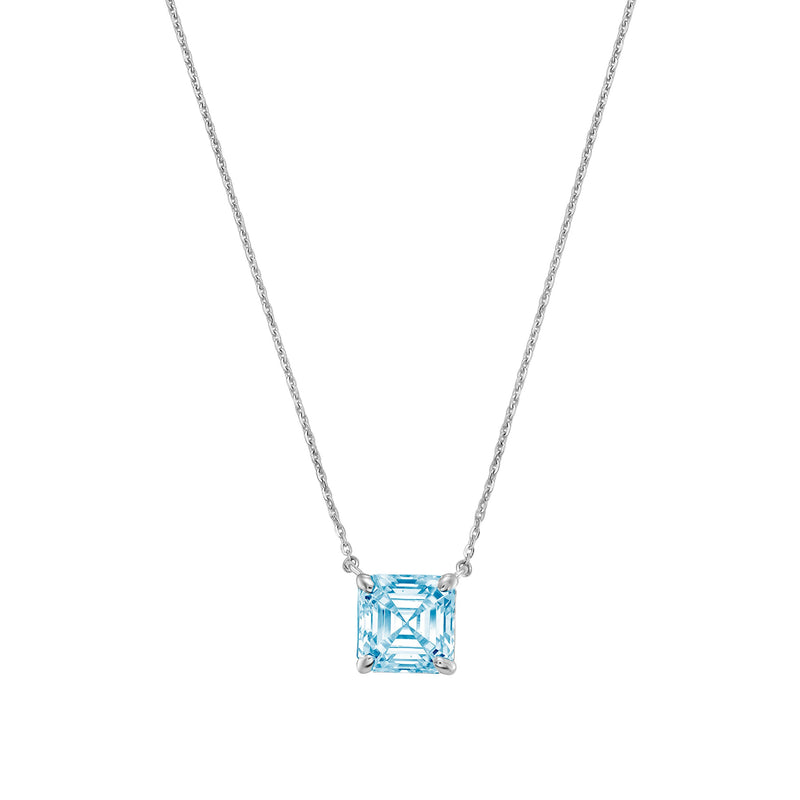 Lab-Grown Blue Asscher Diamond Solitaire Pendant Necklace, 4-Prong, 14K Gold