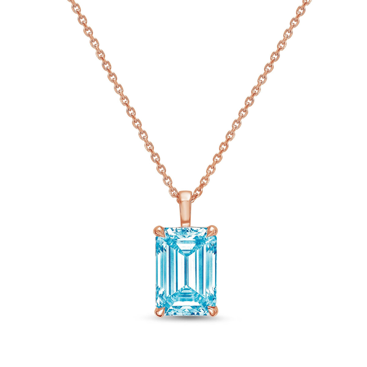 Lab-Grown Blue North-South Emerald Diamond Solitaire Pendant Necklace with Bail, 14K Gold