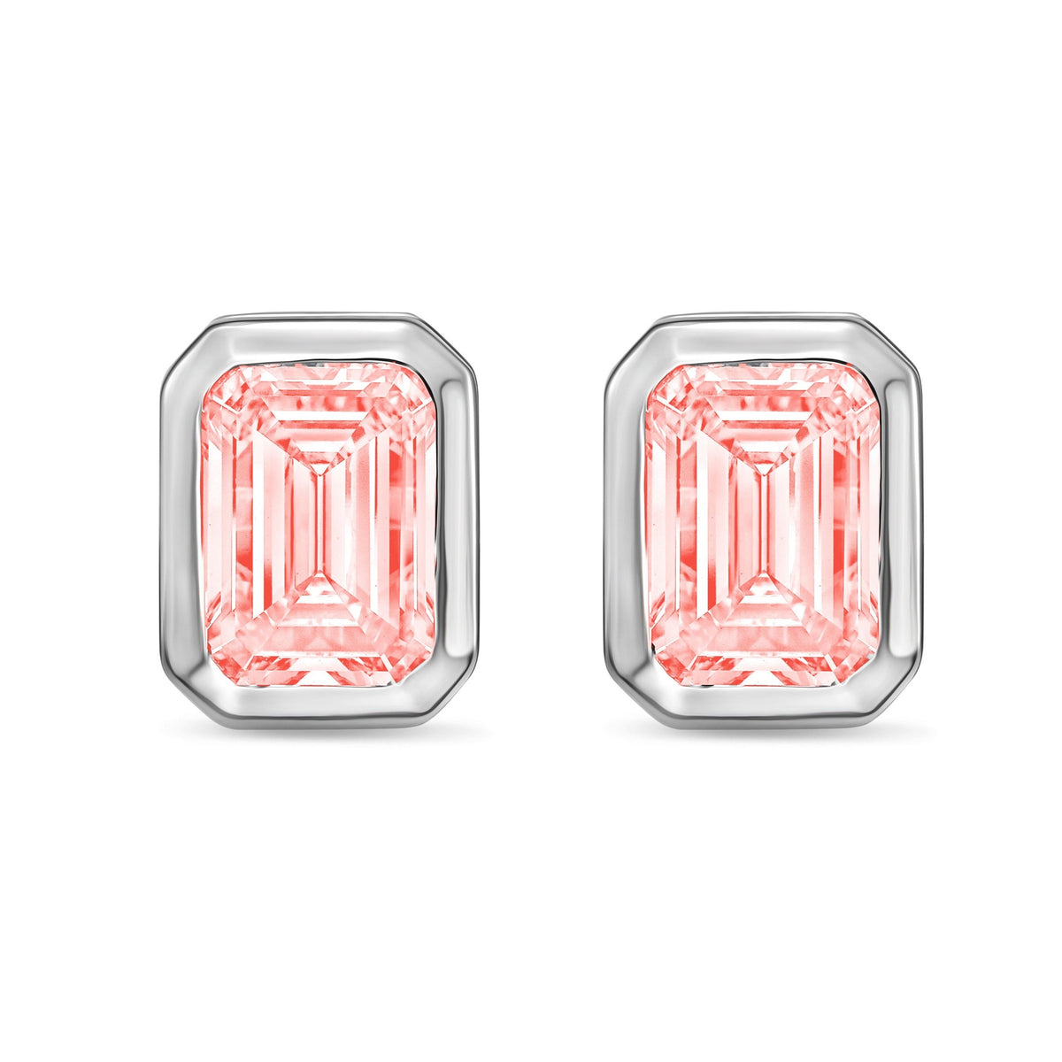 Lab-Grown Pink Bezel Emerald-Cut Diamond Stud Earrings, 14K Gold