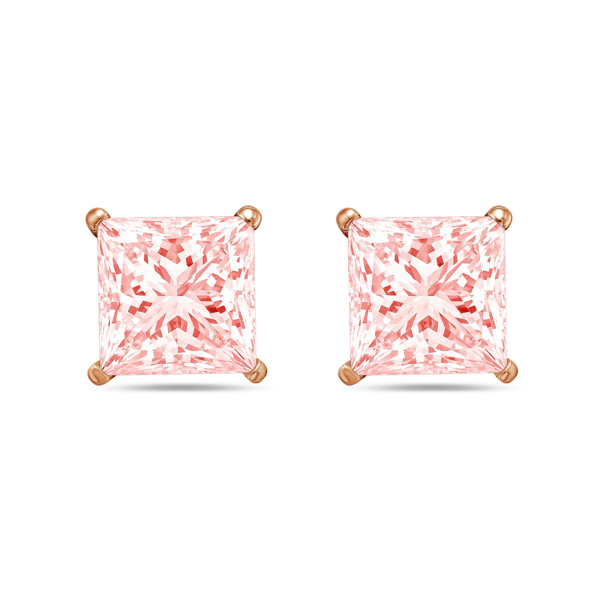 Lab-Grown Pink Princess-Cut Diamond Stud Earrings, 4-Prong, 14K Gold