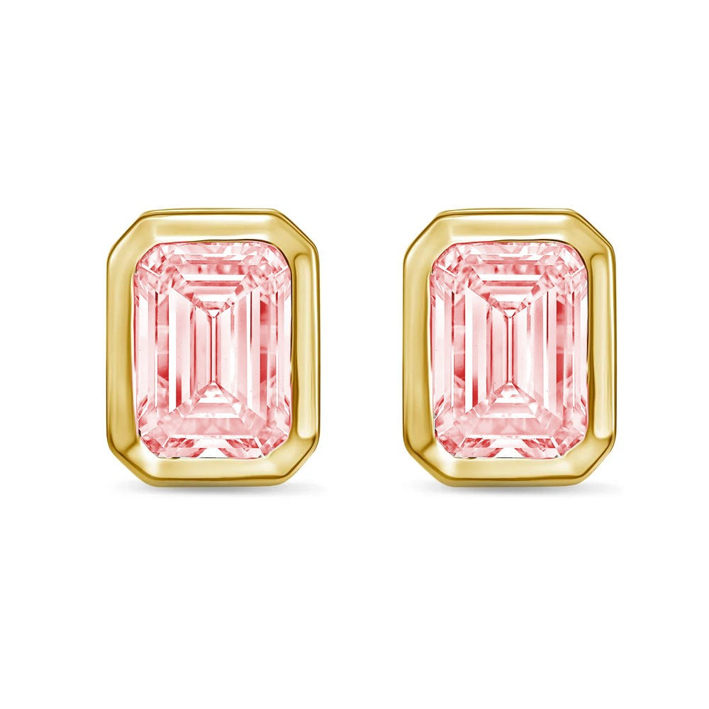Lab-Grown Pink Bezel Emerald-Cut Diamond Stud Earrings, 14K Gold