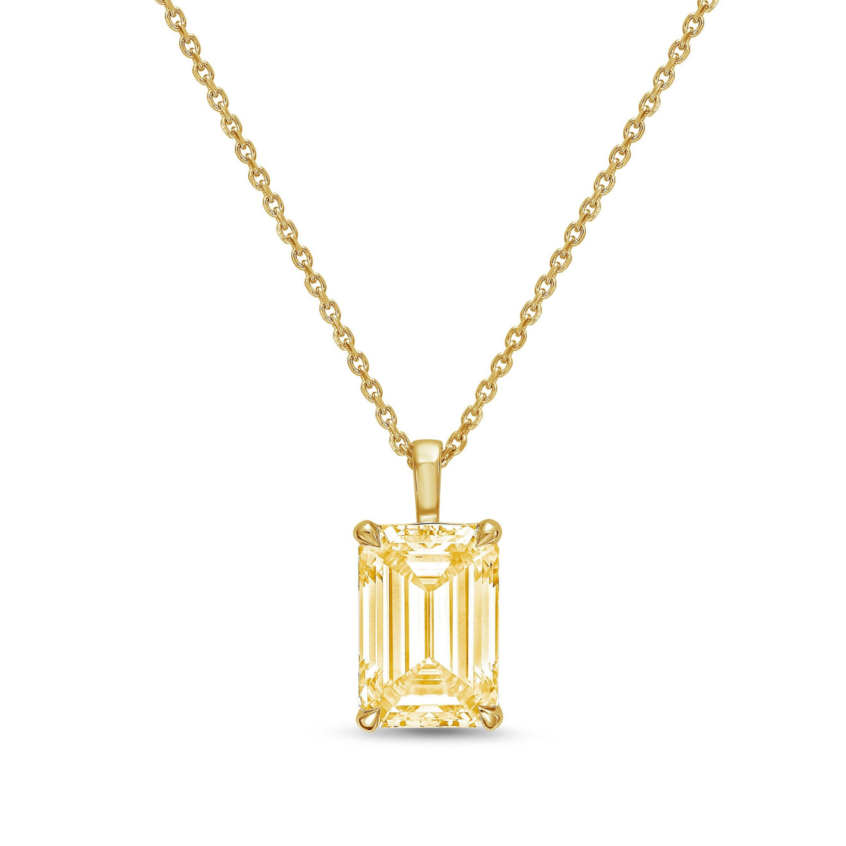 Lab-Grown Yellow North-South Emerald Diamond Solitaire Pendant Necklace with Bail, 14K Gold