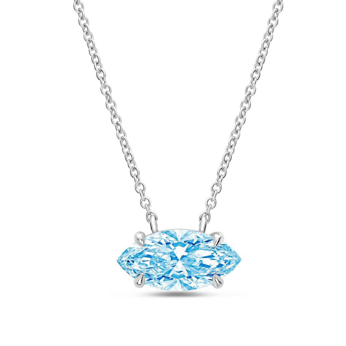 Lab-Grown Blue East-West Marquise Cut Diamond Solitaire Pendant Necklace, 4-Prong, 14K Gold