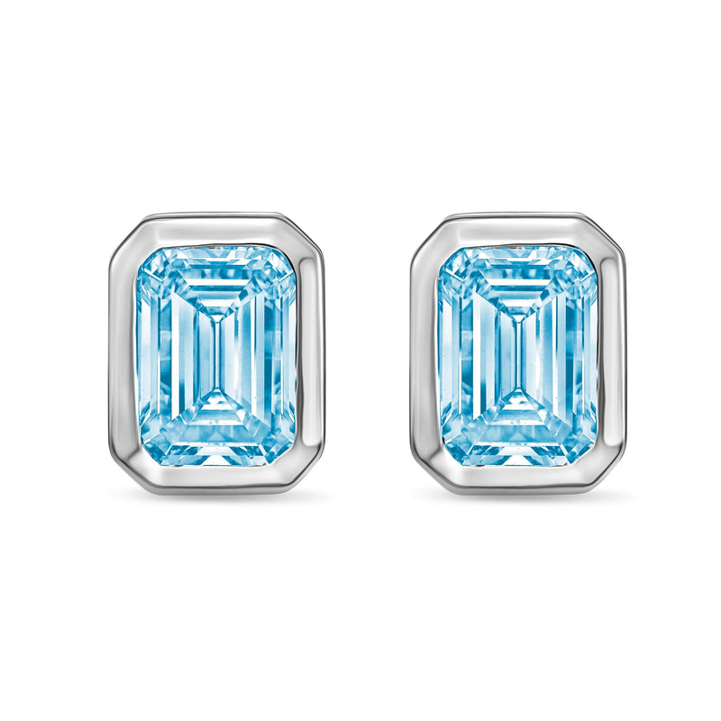 Lab-Grown Blue Bezel Emerald-Cut Diamond Stud Earrings, 14K Gold