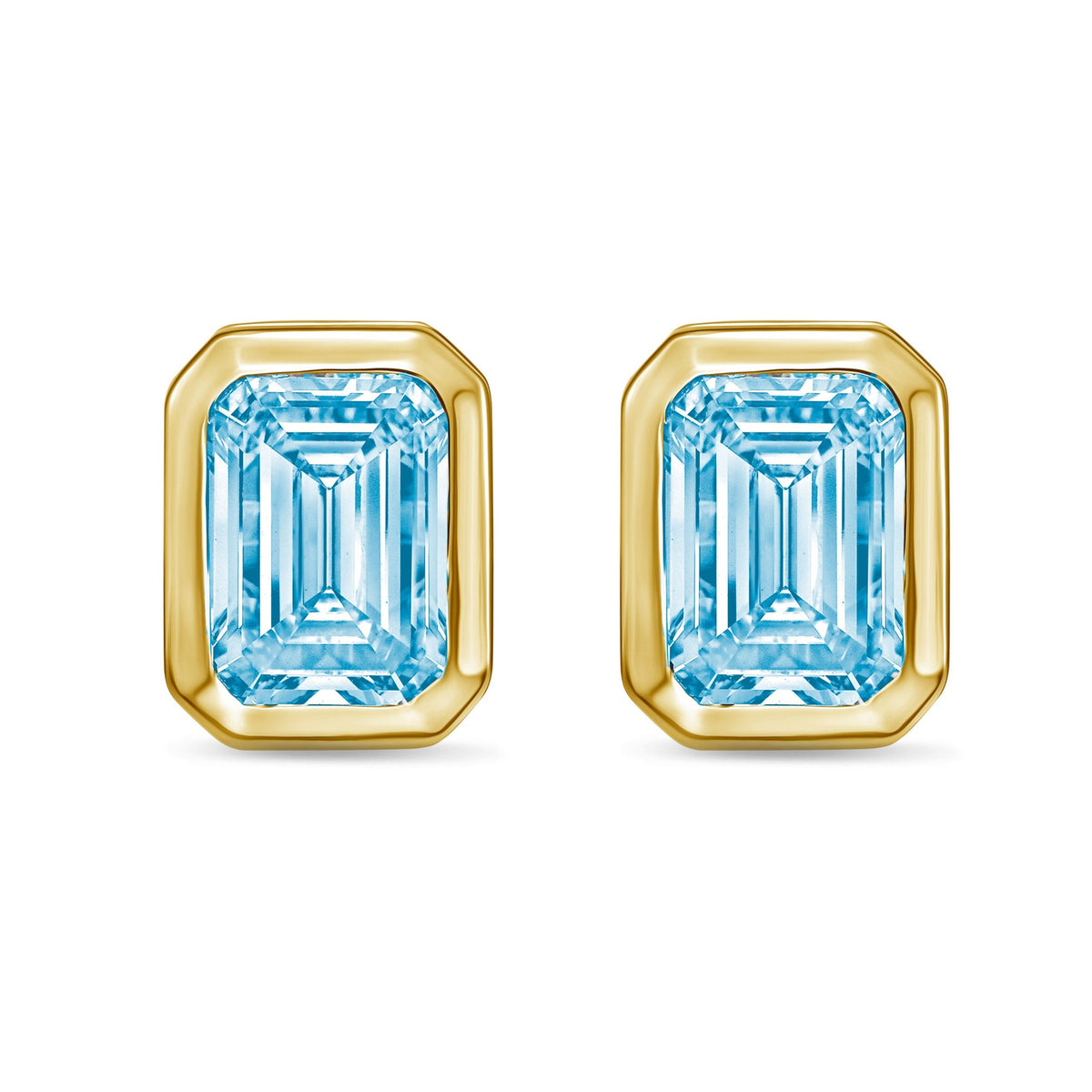 Lab-Grown Blue Bezel Emerald-Cut Diamond Stud Earrings, 14K Gold