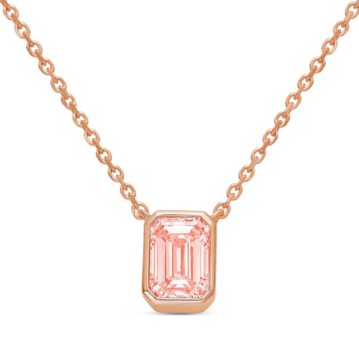 Lab-Grown Pink Emerald Cut Diamond Bezel Pendant, 14K Gold