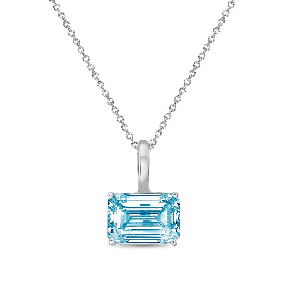 Lab-Grown Blue East-West Emerald Diamond Solitaire Pendant Necklace with Bail, 14K Gold