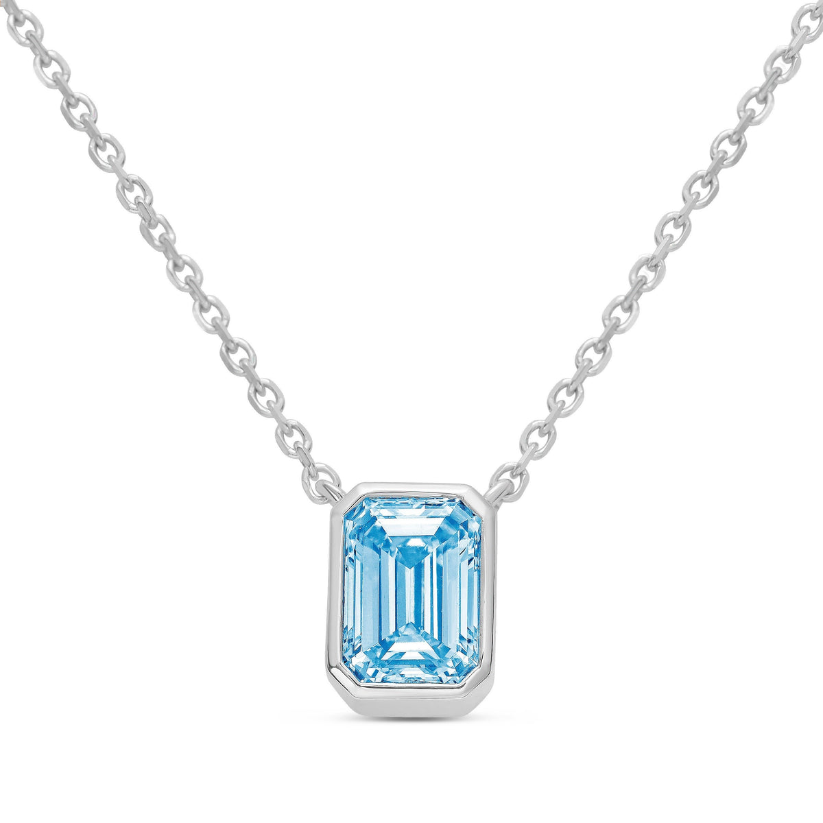 Lab-Grown Blue Emerald Cut Diamond Bezel Pendant, 14K Gold