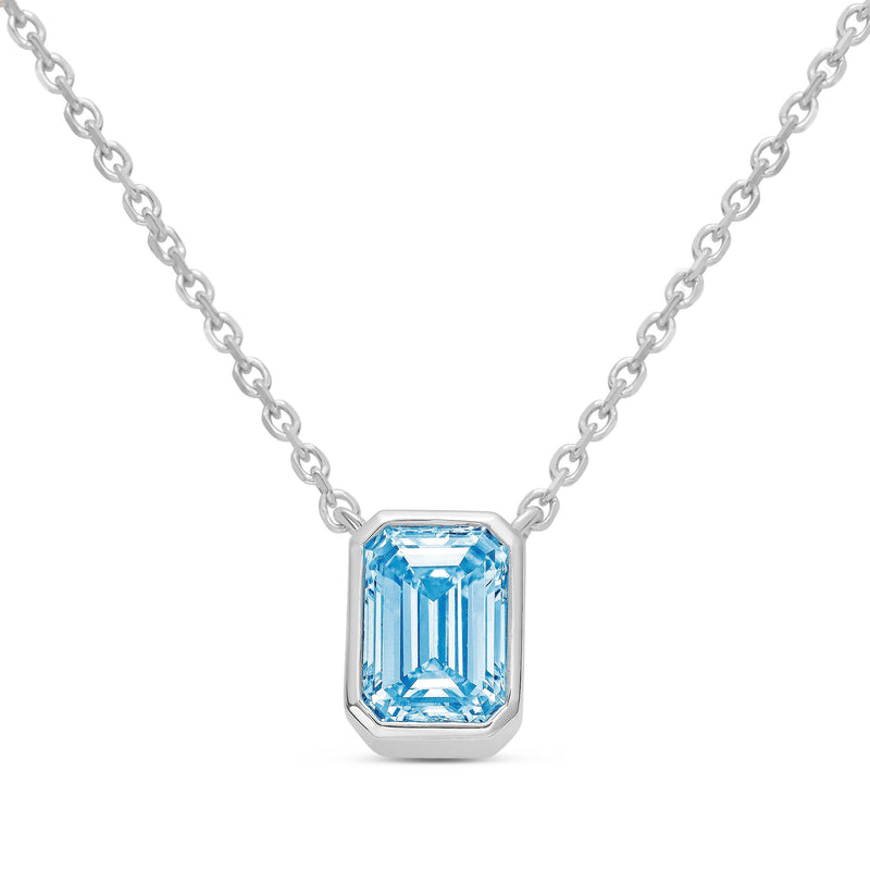 Lab-Grown Blue Emerald Cut Diamond Bezel Pendant, 14K Gold