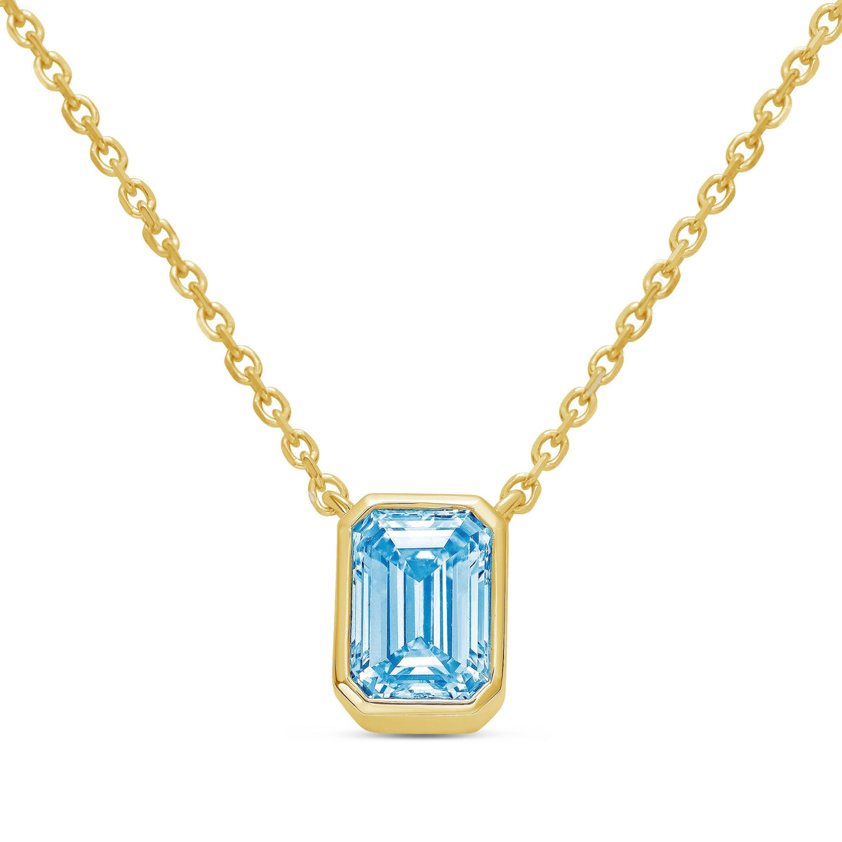 Lab-Grown Blue Emerald Cut Diamond Bezel Pendant, 14K Gold
