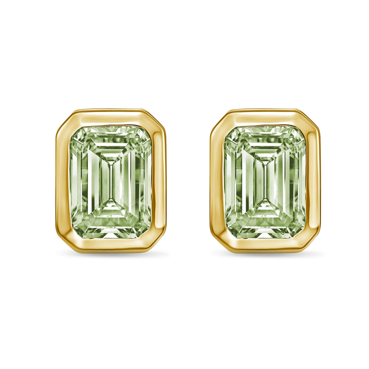Lab-Grown Green Bezel Emerald-Cut Diamond Stud Earrings, 14K Gold