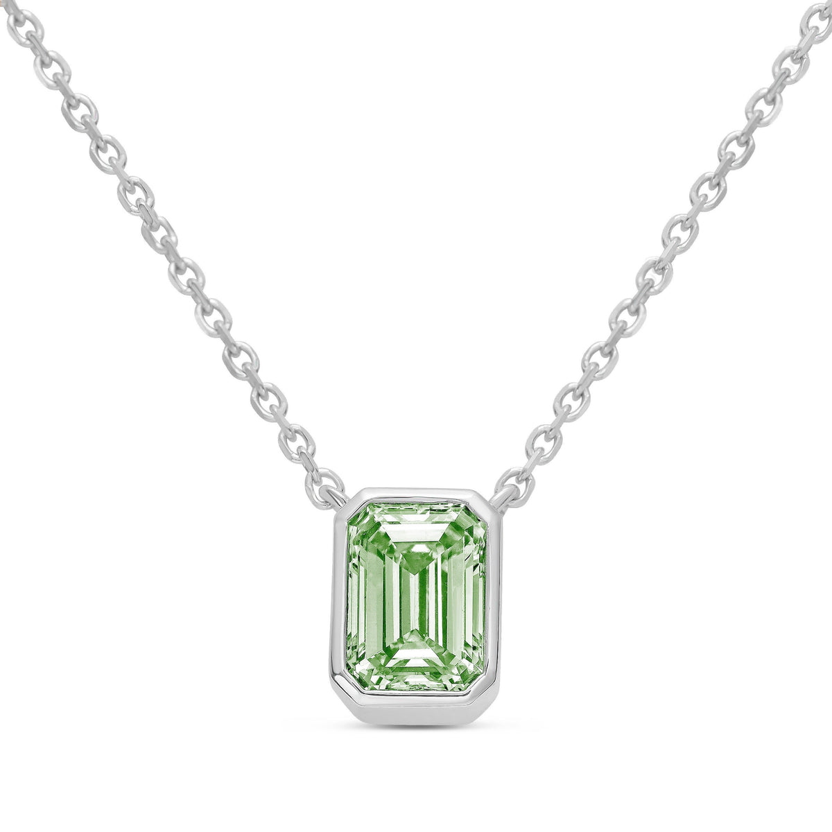Lab-Grown Green Emerald Cut Diamond Bezel Pendant, 14K Gold