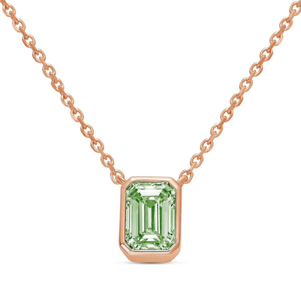 Lab-Grown Green Emerald Cut Diamond Bezel Pendant, 14K Gold