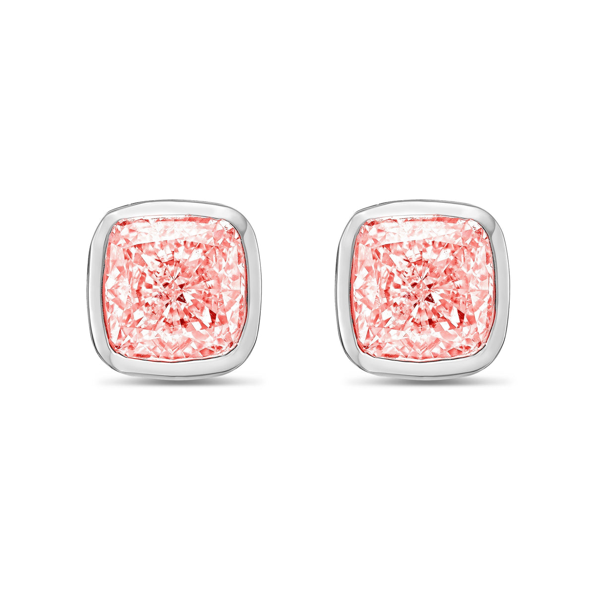 Lab-Grown Pink Cushion Bezel Diamond Stud Earrings, 14K Gold
