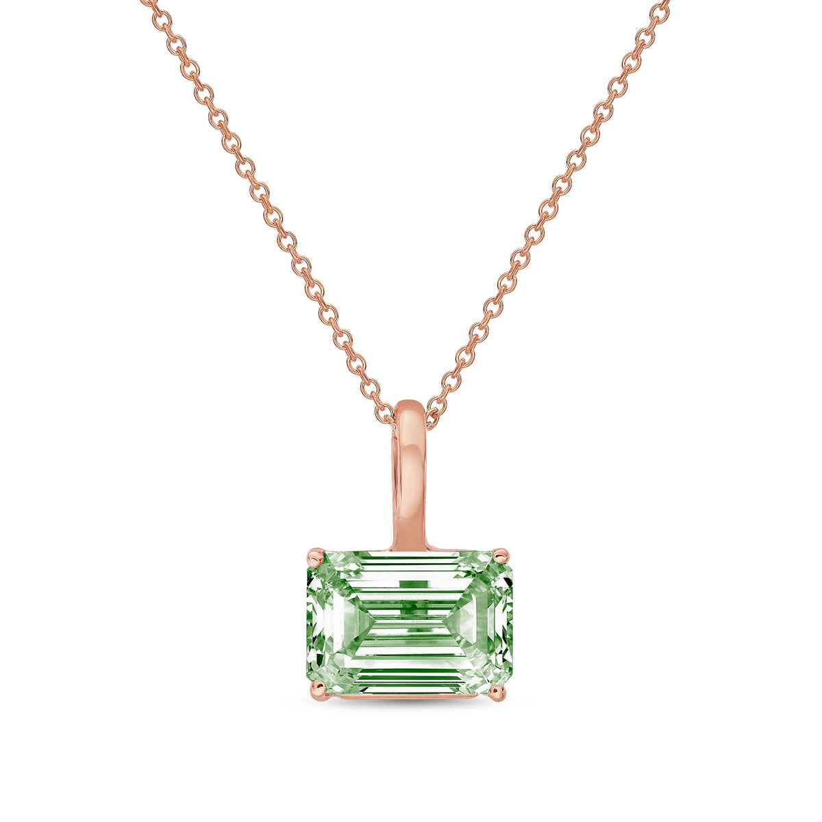 Lab-Grown Green East-West Emerald Diamond Solitaire Pendant Necklace with Bail, 14K Gold