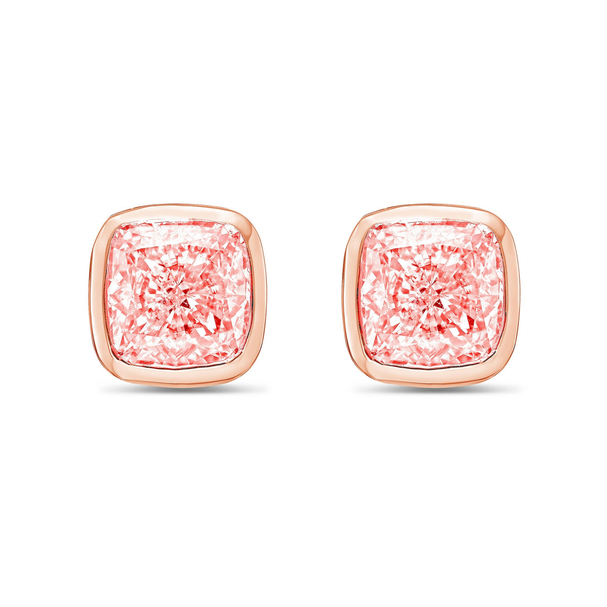 Lab-Grown Pink Cushion Bezel Diamond Stud Earrings, 14K Gold
