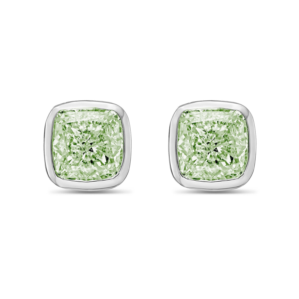 Lab-Grown Green Cushion Bezel Diamond Stud Earrings, 14K Gold