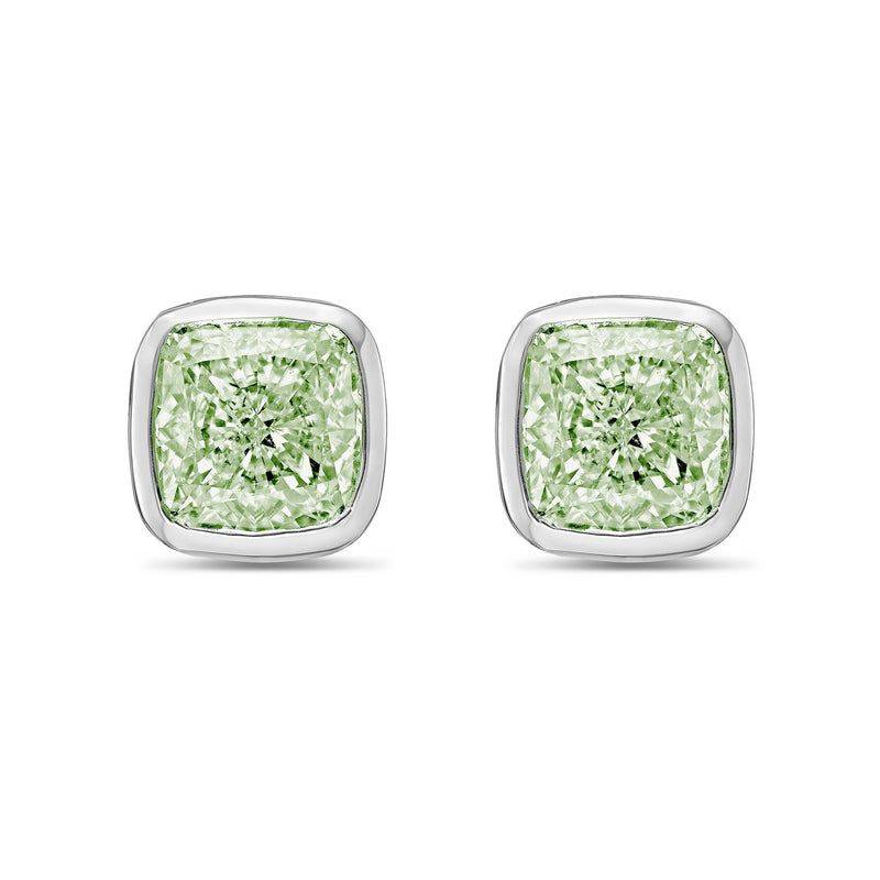 Lab-Grown Green Cushion Bezel Diamond Stud Earrings, 14K Gold