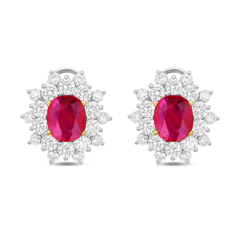 Pair of 6.37ct oval ruby and diamond cluster earrings, rubies in yellow gold prongs framed by round diamonds in white gold