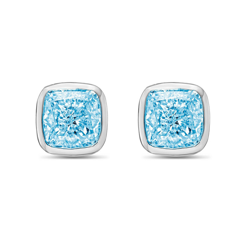 Lab-Grown Blue Cushion Bezel Diamond Stud Earrings, 14K Gold