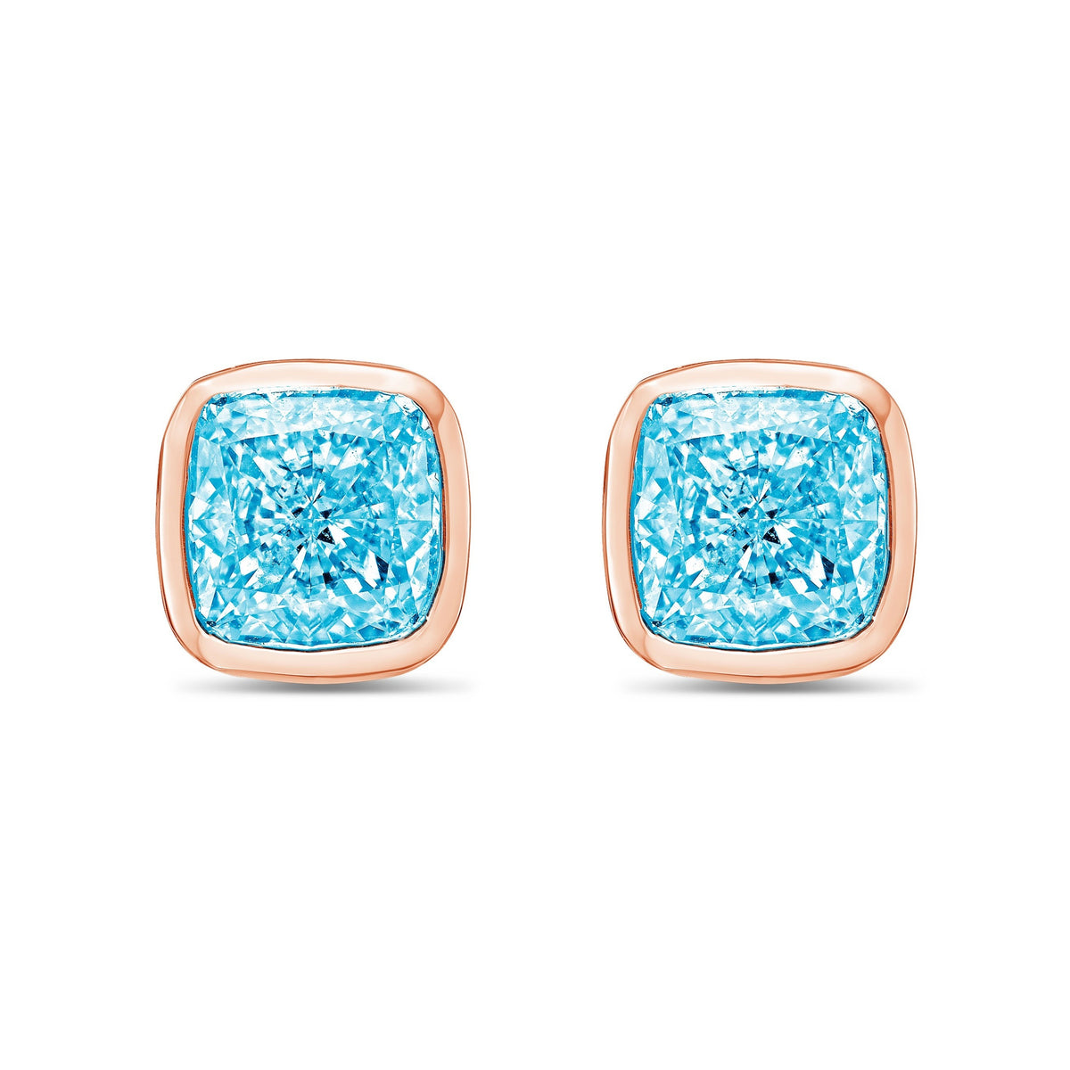 Lab-Grown Blue Cushion Bezel Diamond Stud Earrings, 14K Gold