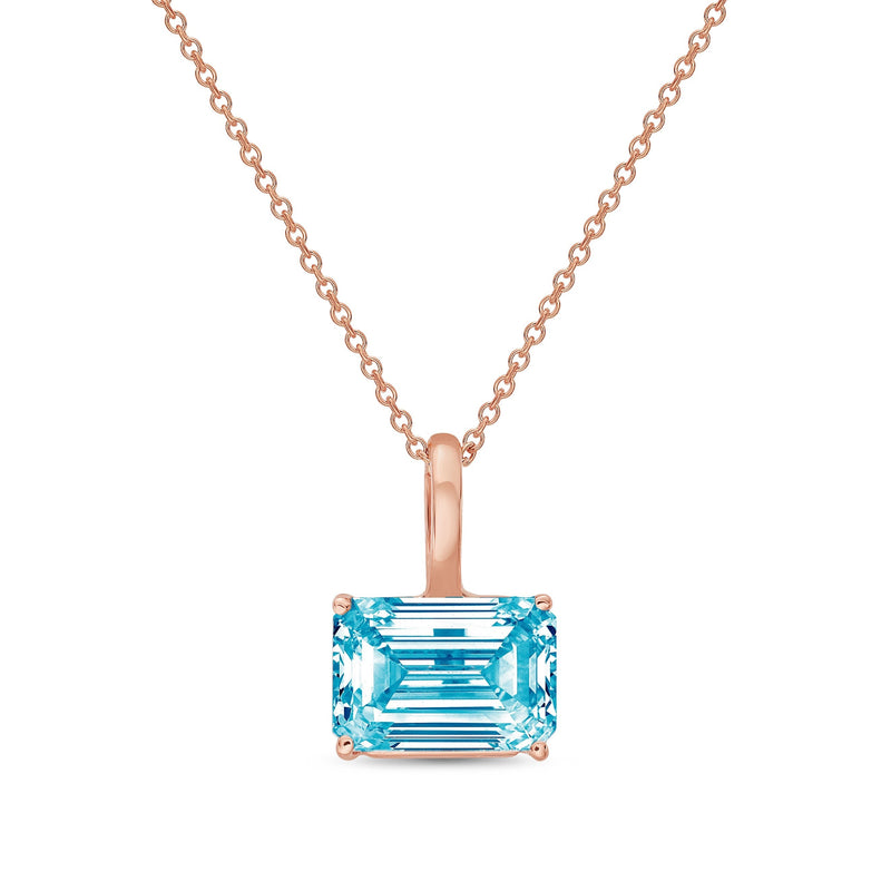 Lab-Grown Blue East-West Emerald Diamond Solitaire Pendant Necklace with Bail, 14K Gold