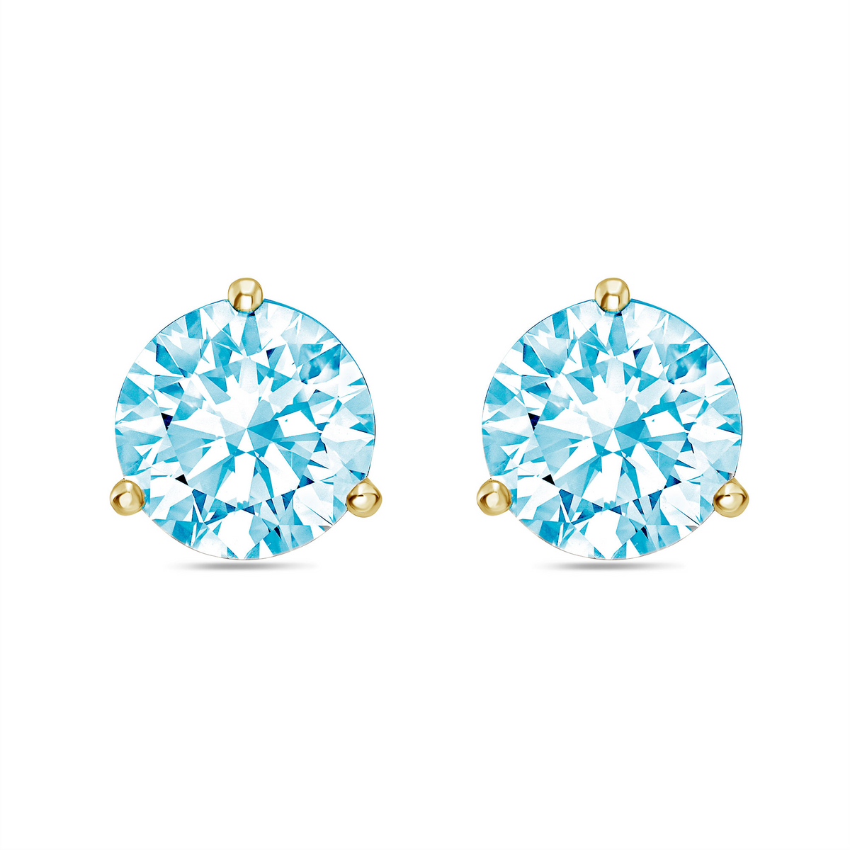 Lab-Grown Blue Round Diamond Martini Stud Earrings, 3-Prong, 14K Gold