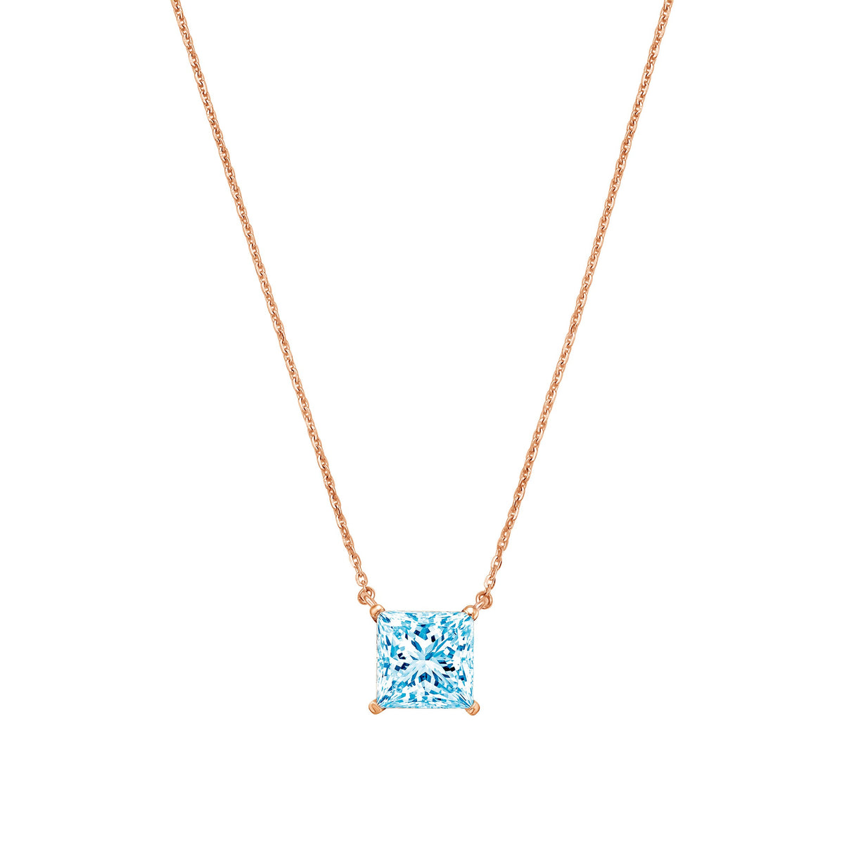 Lab-Grown Blue Princess Diamond Solitaire Pendant Necklace, 4-Prong, 14K Gold