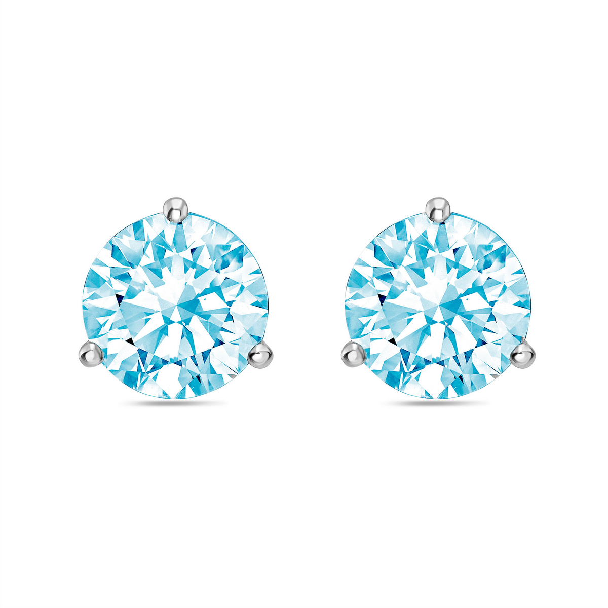 Lab-Grown Blue Round Diamond Martini Stud Earrings, 3-Prong, 14K Gold