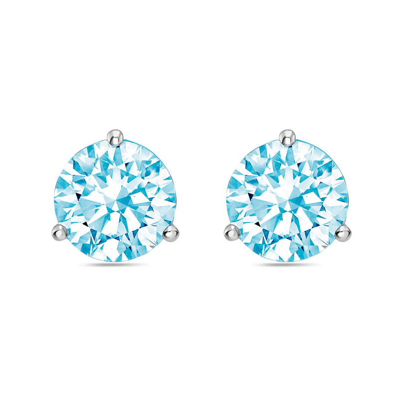 Lab-Grown Blue Round Diamond Martini Stud Earrings, 3-Prong, 14K Gold