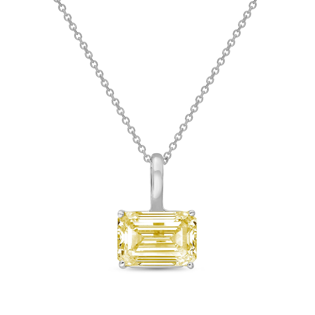 Lab-Grown Yellow East-West Emerald Diamond Solitaire Pendant Necklace with Bail, 14K Gold