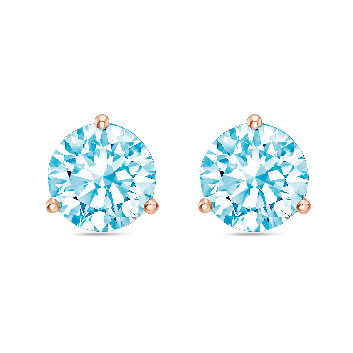 Lab-Grown Blue Round Diamond Martini Stud Earrings, 3-Prong, 14K Gold