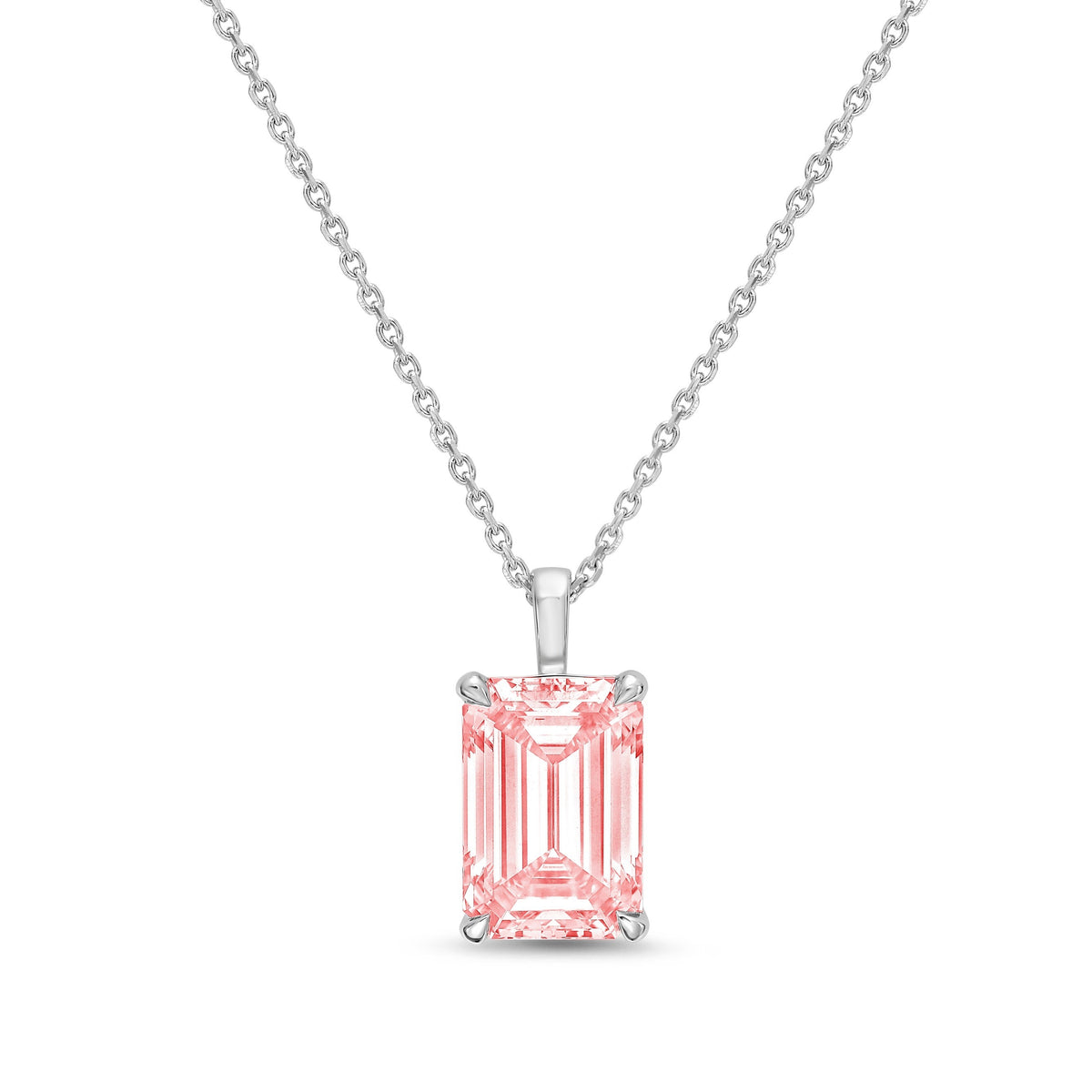 Lab-Grown Pink North-South Emerald Diamond Solitaire Pendant Necklace with Bail, 14K Gold