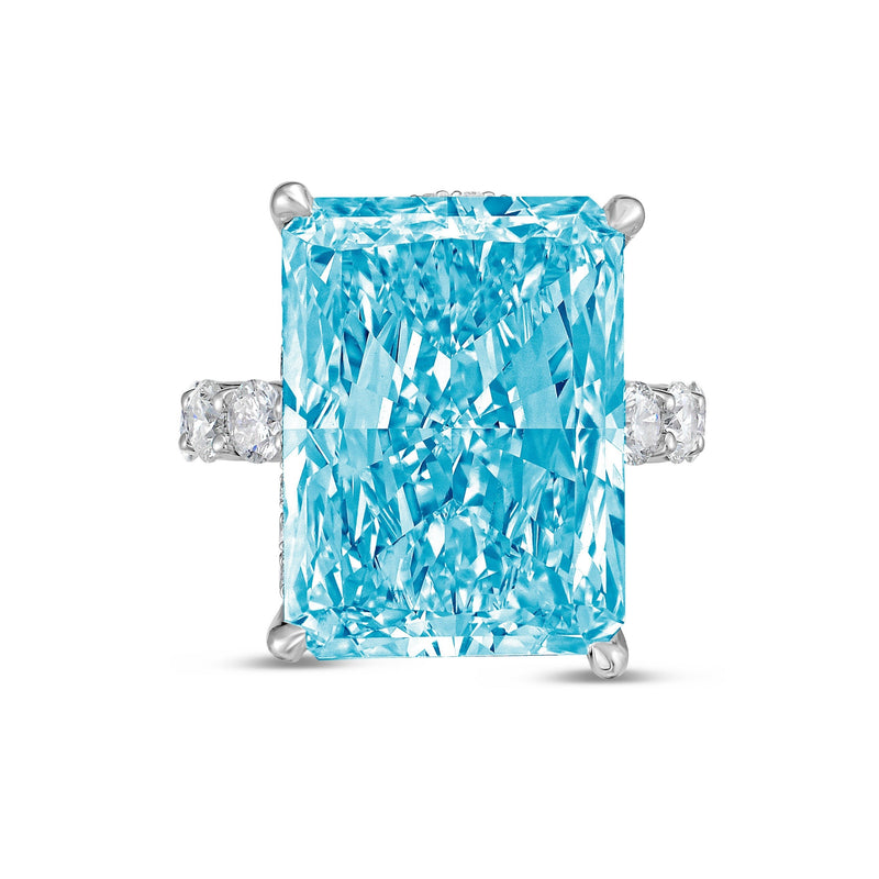 Lab-Grown Blue Radiant Hidden Halo Diamond Ring with Eternity Band, 14K Gold