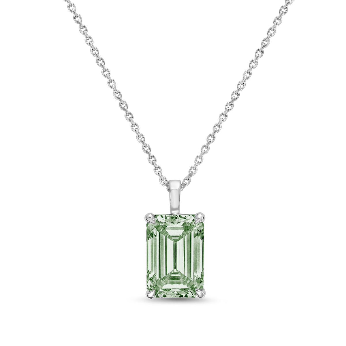 Lab-Grown Green North-South Emerald Diamond Solitaire Pendant Necklace with Bail, 14K Gold