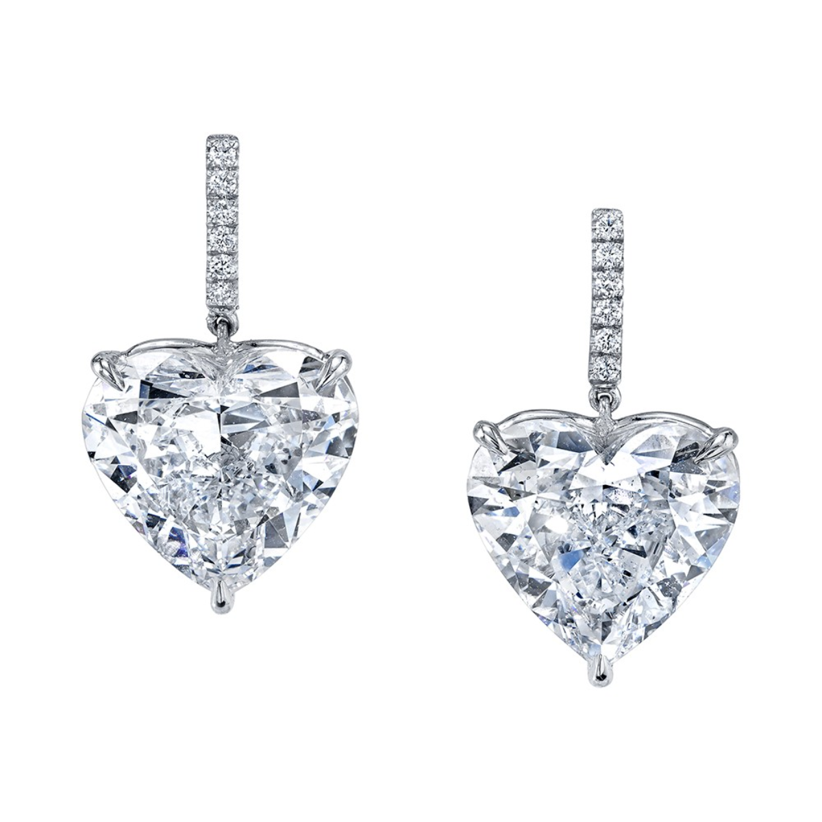 Platinum hanging heart-shaped diamond drop earrings, 20.51ct total weight