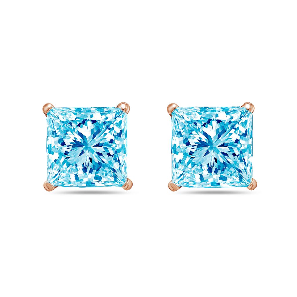 Lab-Grown Blue Princess Cut Diamond Stud Earrings, 4-Prong, 14K Gold
